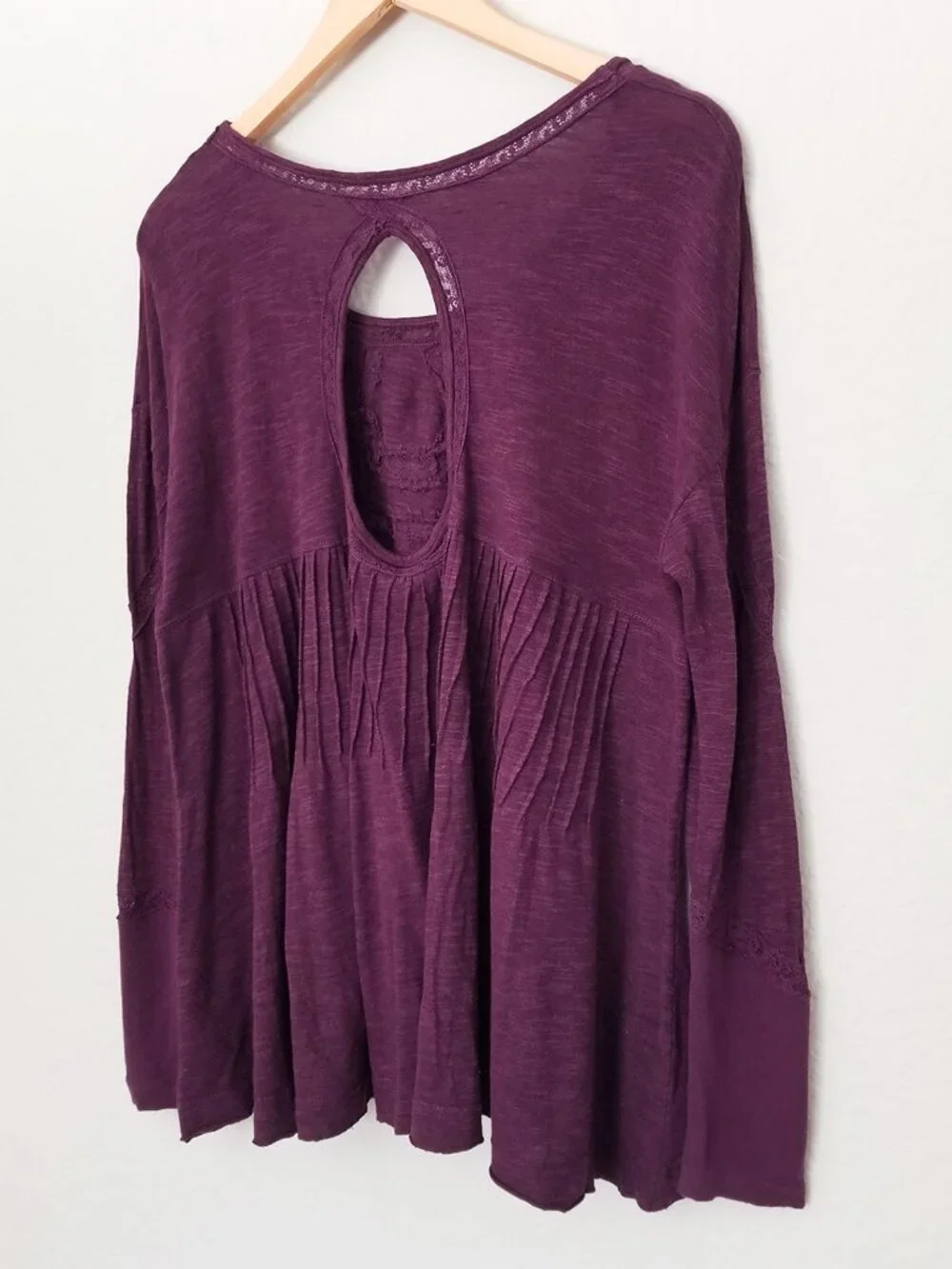 Free People New Hope Babydoll Long Sleeves Top S Eggplant Cutout Peasant Boho